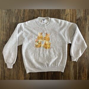 Vtg Jerzees Light Gray Crewneck Sweatshirt L Easter Bunnies Painted Heart Spring